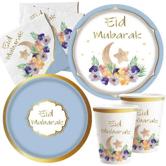 Eid Mubarak tableware Set - 16 Guests Ramadan Eid Mubarak Gold Foil Decorations Supplies,9" Dinner 7" Dessert Disposable Paper Plates,Napkins Cups