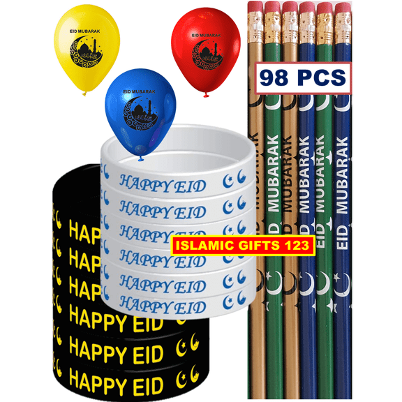 Eid Pencils Eid Wristbands Eid Balloons (98 Pcs)Happy Eid Gifts For Kids Eid Party Supply Eid Decor Customized Islamic Gifts-Happy Ramadan