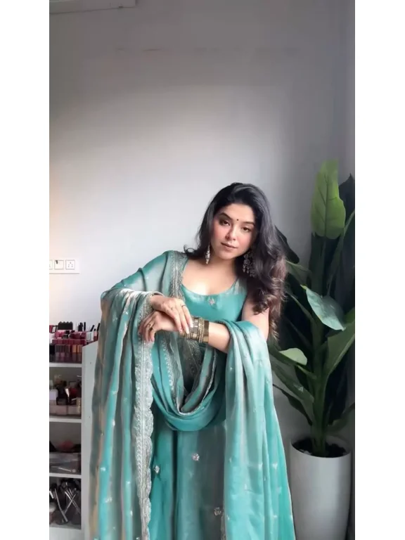 Eid Special Fandy Silk Gown Set with Dupatta & Cotton Pant Thread Work