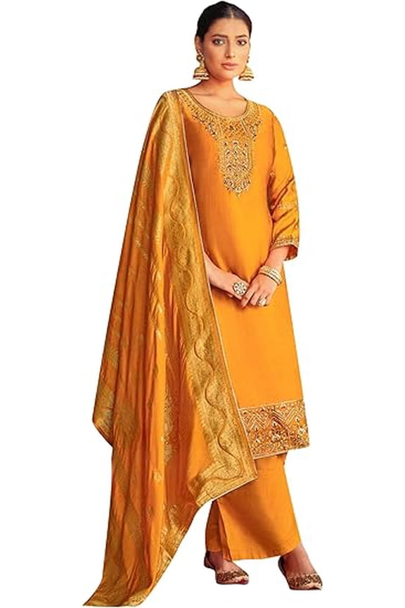 Eid Special Indian Pakistani Shalwar Kameez Dresses Party Wear Designer Sewn Plazzo Pant Suits ( Yellow, 3XL - 48 )