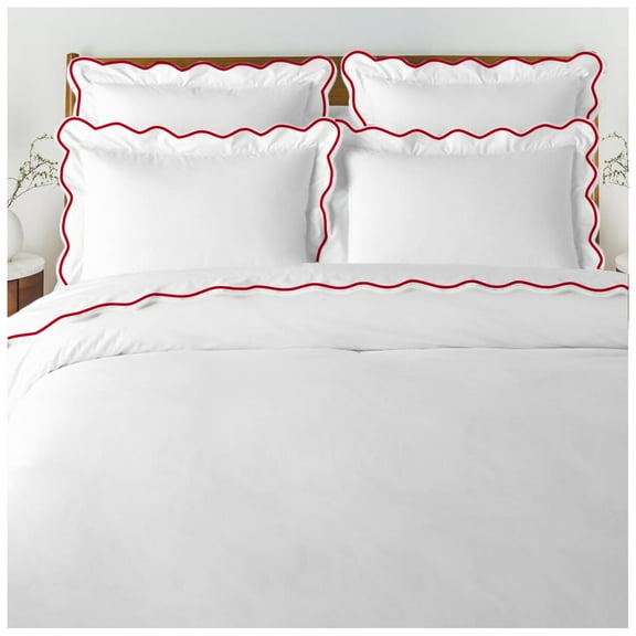 Eiderdown Decor, 400 Thread Count, Cotton Sateen Duvet Cover, Scalloped Embroidery, Burgundy