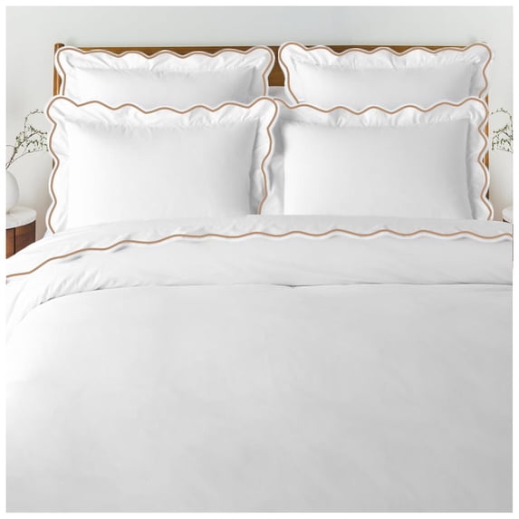 Eiderdown Decor 400 Thread Count White Cotton Sateen Hotel Stitch Duvet Cover in Scalloped Embroidery King/Cal-King Taupe Border