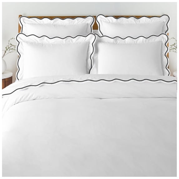 Eiderdown Decor 400 Thread White Cotton Satten Hotal Stitch in Black Scalloped Embroidery, King