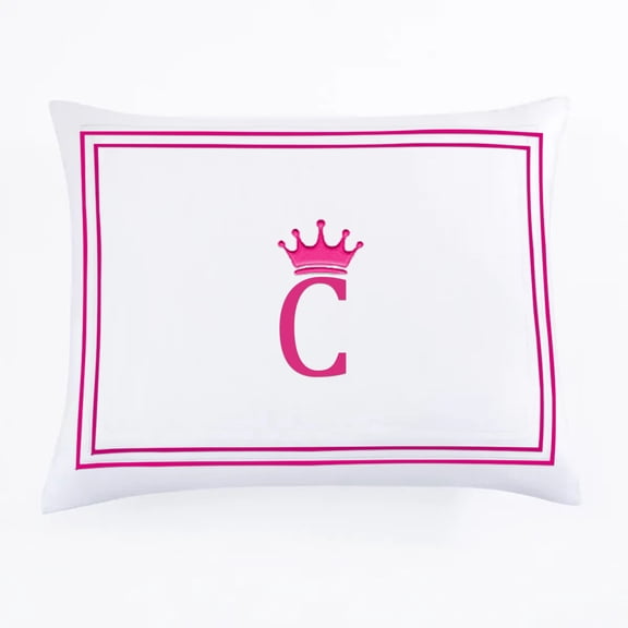 Eiderdown Decor White 100% Cotton Sateen Hotel stitch Pillow Sham Crown Applique Monogram (C) in Hot Pink - US Standard Size 20" x 26"(2 Pcs) - 400 threadcount