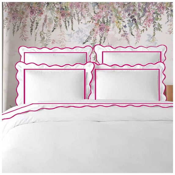 Eiderdown Decor400TC Cotton Scallop Embroidery & Border Sateen Solid Duvet Cover set Oversized King 120" × 98" 1 Duvet cover and 20"×36" 2 Pillow sham , Hot Pink Scallop and Border