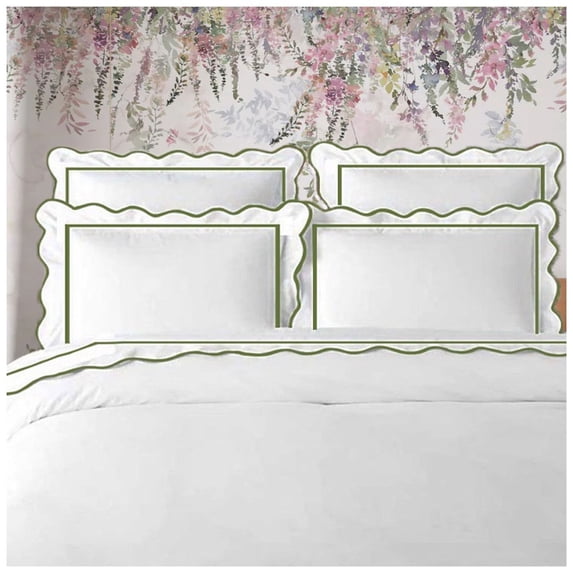 Eiderdown Decor400TC Cotton Scallop Embroidery & Border Sateen Solid Duvet Cover set Oversized King 120" × 98" 1 Duvet cover and 20"×36" 2 Pillow sham , Sage Scallop and Border