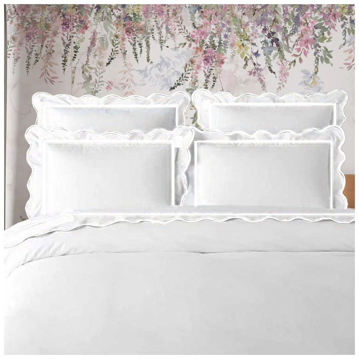Eiderdown Decor400TC Cotton Scallop Embroidery & Border Sateen Solid Duvet Cover set Oversized King 120" × 98" 1 Duvet cover and 20"×36" 2 Pillow sham , White Scallop and Border