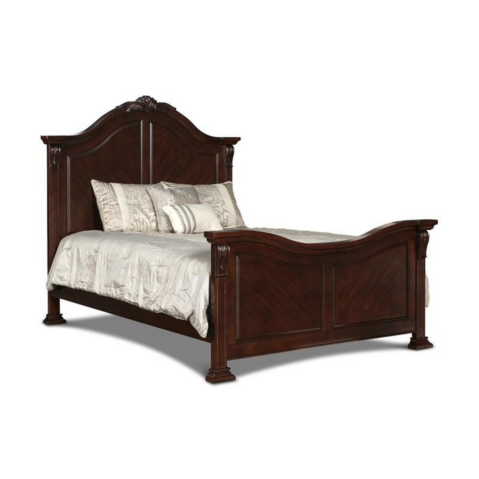 Eiel King Size Bed, Curved Headboard, Carved Crown Top Design, Brown