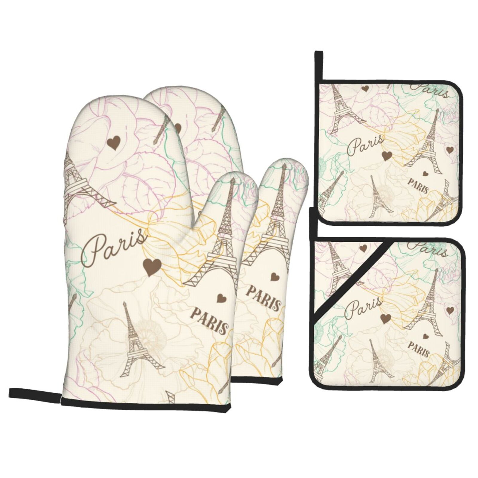 Eifel Tower Paris Flower Vintage 4Pcs Oven Mitts and Pot Holders Sets Oven Kitchen Gloves Hot Pads for Cooking BBQ Baking Grilling