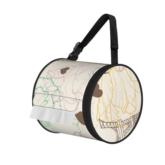 Eifel Tower Paris Flower Vintage Portable Cylinder Toilet Paper Holder Tissue Dispenser Hanging Storage Bag with Strap