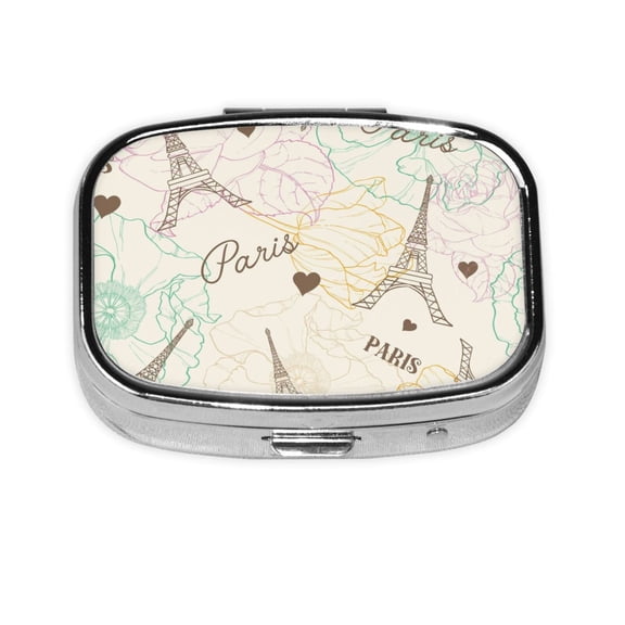 Eifel Tower Paris Flower Vintage Square Pill Box 2 Compartment Pill Case Medicine Organizer Decorative Gift for Purse Pocket