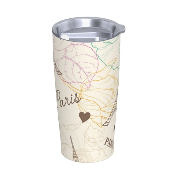 Eifel Tower Paris Flower Vintage Stainless Steel Tumbler with Lid and Straw 20oz Vacuum Insulated Travel Mug for Hot & Cold Drinks Coffee Wine Water Cup