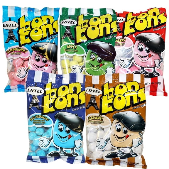 Eiffel Bon Bons Variety 5 Pack, 4 Ounce Each Pack of 5 Caramel, Blue Raspberry, Apple, Cherry & Strawberry, Chewy Candy Snack, The Hampton Popcorn & Candy Company