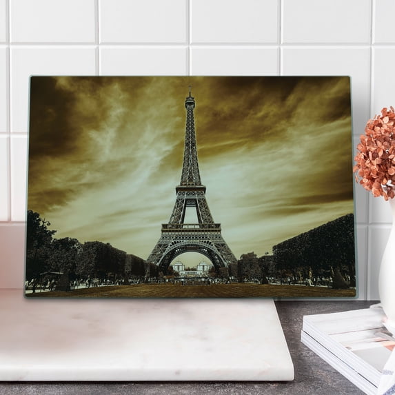 Eiffel Cutting Board, Tourist Attraction in Paris France Brown Toned Skies Abstract Landscape Design, Decorative Tempered Glass Cutting and Serving Board, in 3 Sizes, by Ambesonne