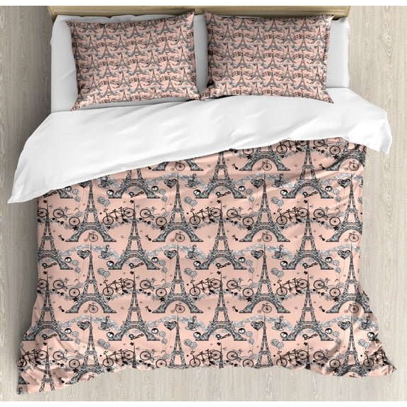 Eiffel Duvet Cover Set King Size, Retro Bicycles Coffee Heart Balloons French Landmark Artistic Swirls, Decorative 3 Piece Bedding Set with 2 Pillow Shams, Pale Salmon Black White, by Ambesonne