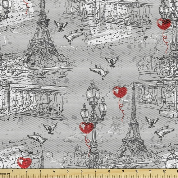 Ambesonne Eiffel Fabric by the Yard Upholstery, River Seine and Doves, 10 Yards, Black Grey and Red