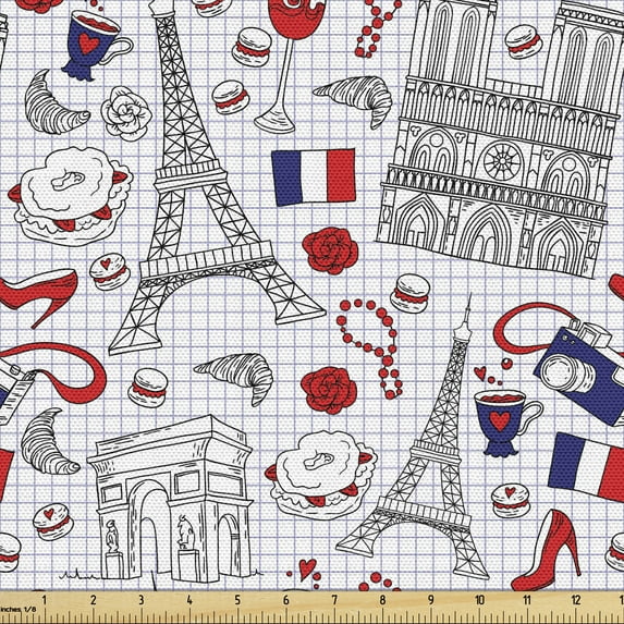 Ambesonne Eiffel Fabric by the Yard Upholstery, French Travel Pattern, 1 Yard, Multicolor