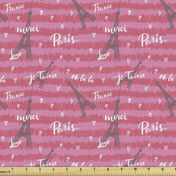 Ambesonne Eiffel Fabric by the Yard Upholstery, Valentines Day Inspired, 3 Yards, Pink White Black