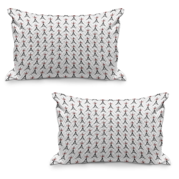 Eiffel Quilted Pillowcover Set of 2, Classical Towers with Bowties Sketch Art Style Tourist Attraction Travel Theme, Standard Queen Size Pillow Cover Bedroom, 30" x 20", Ruby Black White, by Ambesonne
