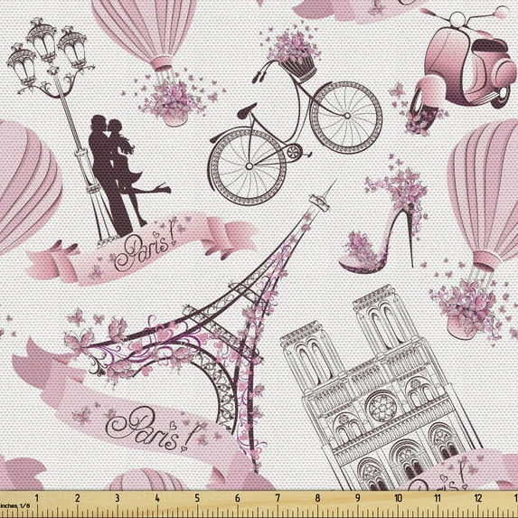 Ambesonne Eiffel Fabric by the Yard Upholstery, Love in Paris Bridal Pink, 1 Yard, Rose Black White