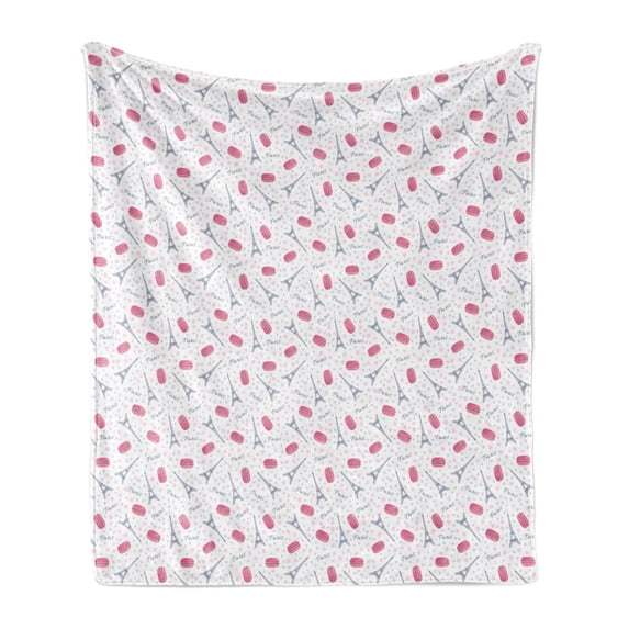 Eiffel Soft Flannel Fleece Throw Blanket, Famous Traditional French Food Tasty Macaroons Delicious Retro Deserts Dots, Cozy Plush for Indoor and Outdoor Use, 70" x 90", Pink Grey White, by Ambesonne