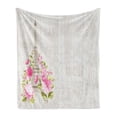thumbnail image 1 of Eiffel Soft Flannel Fleece Throw Blanket, Eiffel Tower with Spring Blooming Flowers over Grey Rustic Background Lettering, Cozy Plush for Indoor and Outdoor Use, 70" x 90", Multicolor, by Ambesonne, 1 of 6