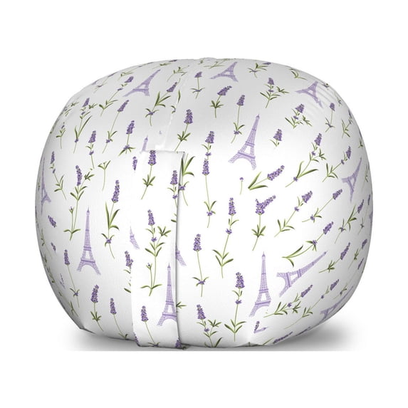 Eiffel Storage Toy Bag Chair, Pattern with Lavender Flowers Eiffel Tower Rustic Spring Inspired Botany, Stuffed Animal Organizer Washable Bag, Small Size, Lavender Green White, by Ambesonne