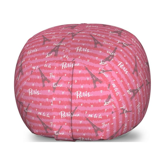 Eiffel Storage Toy Bag Chair, Valentines Day Inspired Pattern with France Paris Oh La La Texts Heart Shapes, Stuffed Animal Organizer Washable Bag, Large Size, Pink White Black, by Ambesonne