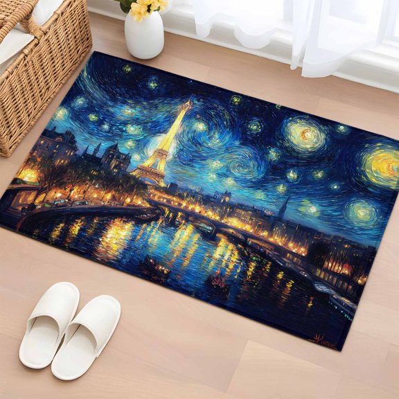 Eiffel Tower 2'x3' Rug for Entryway Front Door Kitchen Sink Area, Starry Night City Impressionist Abstract Low Pile Washable Non Slip Rectangle Area Rug