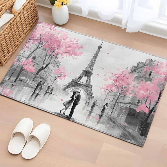 Eiffel Tower 2'x3' Rug for Entryway Front Door Kitchen Sink Area, Sweet Couple Pink Cherry Blossom Trees Low Pile Washable Non Slip Rectangle Area Rug