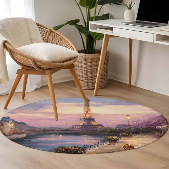 Eiffel Tower 3.3ft Round Rug for Bedroom Reading Corner, Modern Purple Sunset Bridge River Night View Washable Non Slip Circle Area Rug