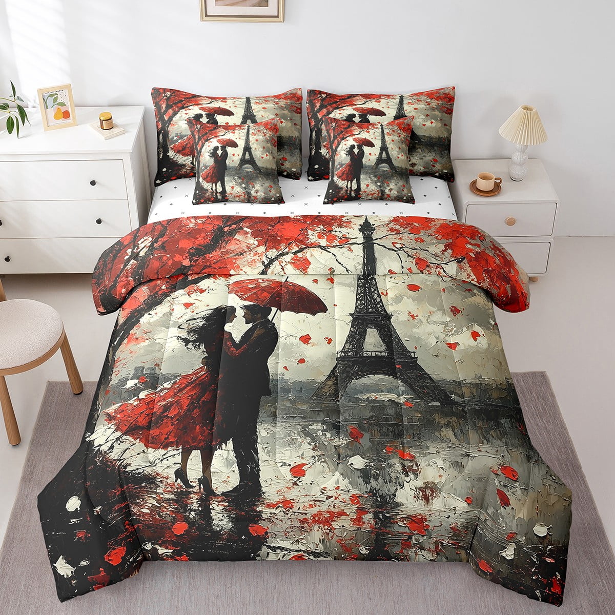 Eiffel Tower 7 Pieces Comforter Set,Paris Landmark French Style Bedding