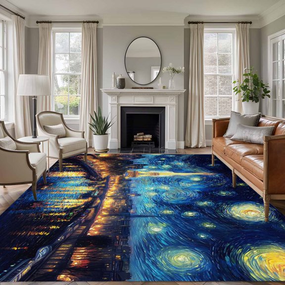 Eiffel Tower 8'x10' Large Area Rug for Living Room Sectional Sofa, Starry Night City Impressionist Abstract Washable Non Slip Low Pile Rectangle Area Rug