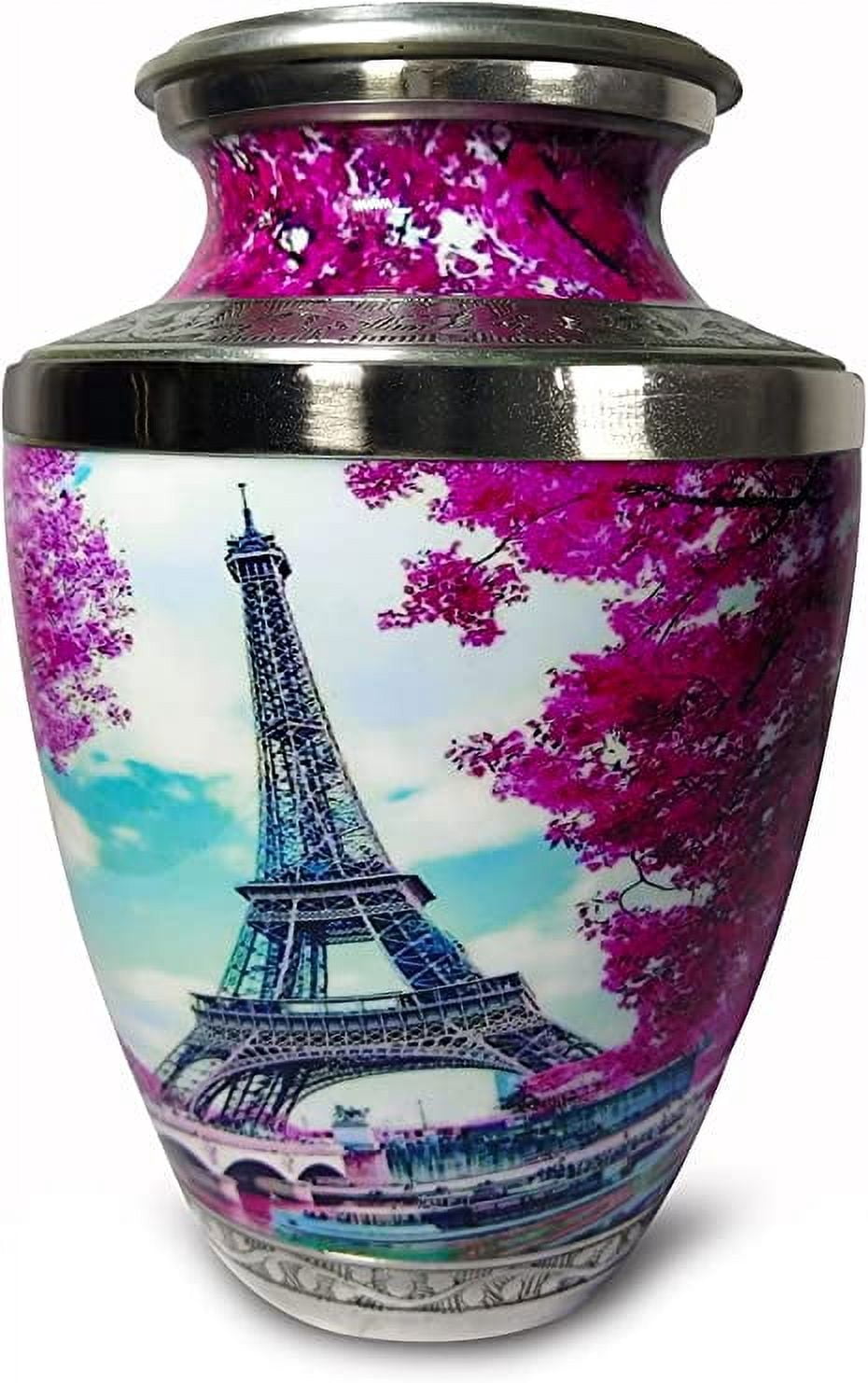 Eiffel Tower Aluminium Cremation Urns Pink Adult Burial Jar Designer Print Funeral Pet Urn for Burial, Niche, or Columbarium Perfect to Honor Your Loved One by MTA OVERSEAS, 6.5 x 6.5 x 10 inch