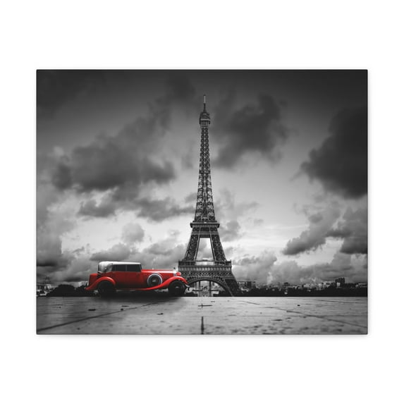 Eiffel Tower And Red Retro Car, France Canvas Artwork Breathtaking French City for Home Decor Ready to Hang 