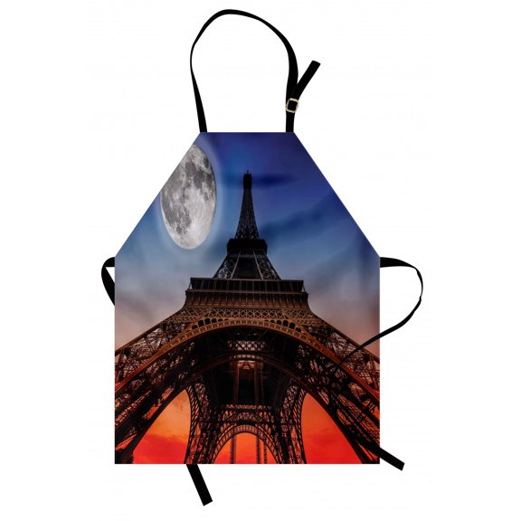Eiffel Tower Apron Full Moon Night Sky Dusk Digital Style Minimal French Flag Eiffel Tower Digital, Unisex Kitchen Bib Apron with Adjustable Neck for Cooking Baking Gardening, Navy Red, by Ambesonne
