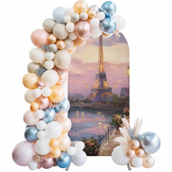 Eiffel Tower Arch Backdrop Cover 5 FT Modern Purple Sunset Bridge River Night View Stretchy Elastic Arch Stand Covers Spandex Arched Background Birthday Wedding Party Decoration (No Stand)