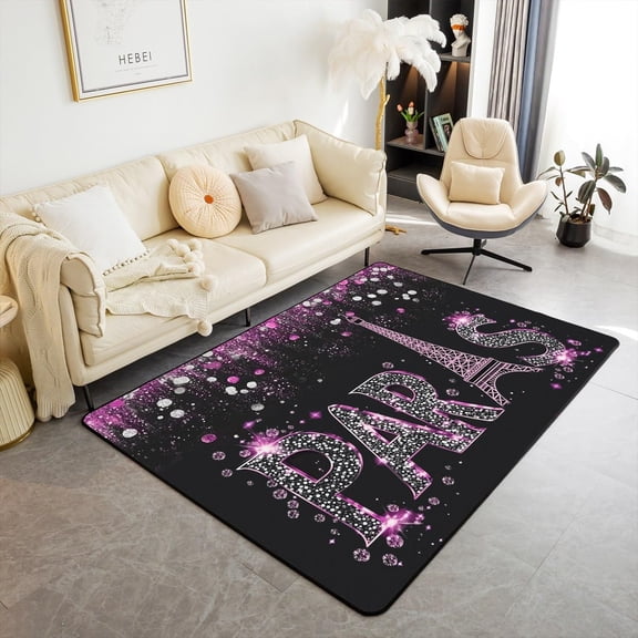Eiffel Tower Area Rug ,Pink Black Silvery Sequins Non-Slip Backing Washable Rugs For Bedside,Fashion Paris City No Shedding Area Rugs 5x7ft