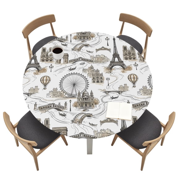 Eiffel Tower Art Round Fitted Table Cover Beige Brown Landmarks Parisian Travel Theme Waterproof Table Cloth with Elastic Edge Wipeable Tablecloth for Picnic Camping Party Fits 45"-54" Tables