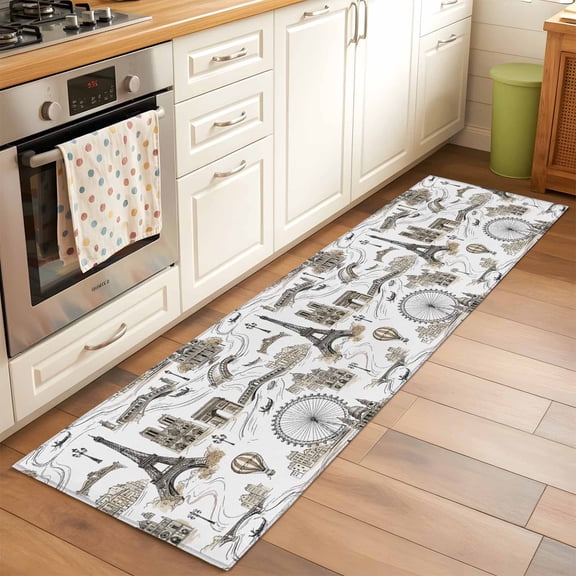 Eiffel Tower Art Runner Rug Non Slip 2x6 Beige Brown Landmarks Parisian Travel Theme Washable Rug Runner for Hallways Low Pile Kitchen Rugs Stain Resist Carpet for Bathroom Bedroom Entryway