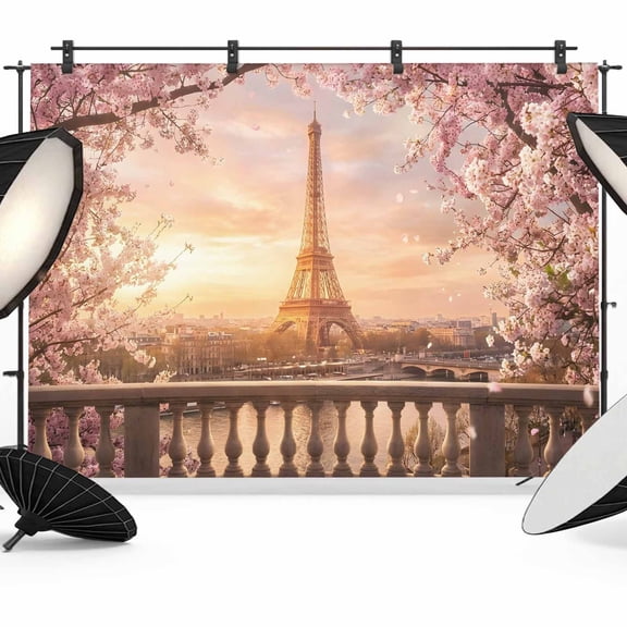 Eiffel Tower Backdrop for Photography, Sunset Pink Cherry Blossom Trees Photo Backdrop Portrait Background Party Banner Photo Backgrounds for Studio Booth Props, 7x5ft