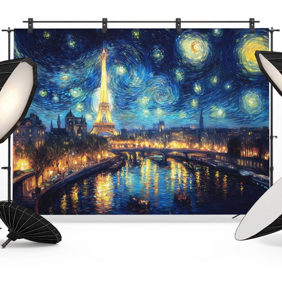 Eiffel Tower Backdrops for Photography, Starry Night City Impressionist Abstract Fabric Photo Background Sturdy Studio Props for Photo Studio, Video Recording, Booth & Photoshoot 7x5ft