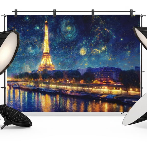 Eiffel Tower Backdrops for Photography, Starry Night City River Impressionist Fabric Photo Background Sturdy Studio Props for Photo Studio, Video Recording, Booth & Photoshoot 12x8ft