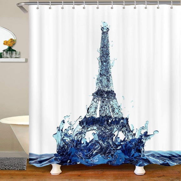 Eiffel Tower Bath Curtain Chic Paris Theme Shower Curtain for Kids Boys Girls Children Modern French Style Bathroom Shower Curtain Set Soft Blue Decor Waterproof 72"x72"