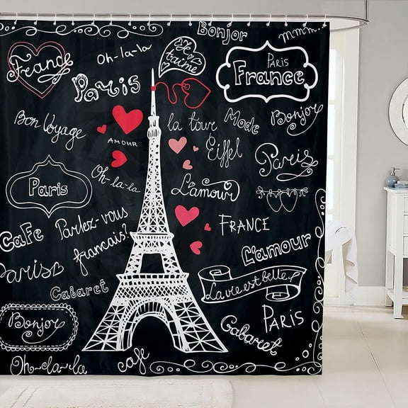 Eiffel Tower Bath Curtain Paris France Shower Curtain for Girls Youth,City Building Bathtubs Shower Curtain Set Heart Pattern Shower Curtain Fabric Romantic Text Paris Themed Hanging Curtain 72"Wx84"L