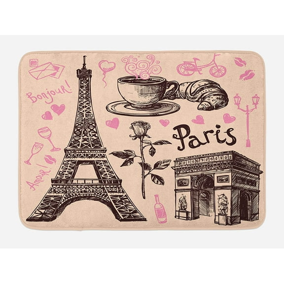 Eiffel Tower Bath Mat, Paris Eiffel Tower Bakery Delicious Croissant Traditional Floral Design, Plush Bathroom Decor Mat with Non Slip Backing, 29.5" X 17.5", Pale Pink