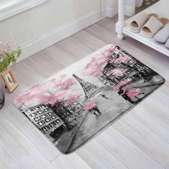 Eiffel Tower Bath Mat Romantic French Paris Love Valentine''s Day Pink Flowers Memory Foam Bathroom Kitchen Bedroom Livingroom Soft Floor Rug, 16"x24"