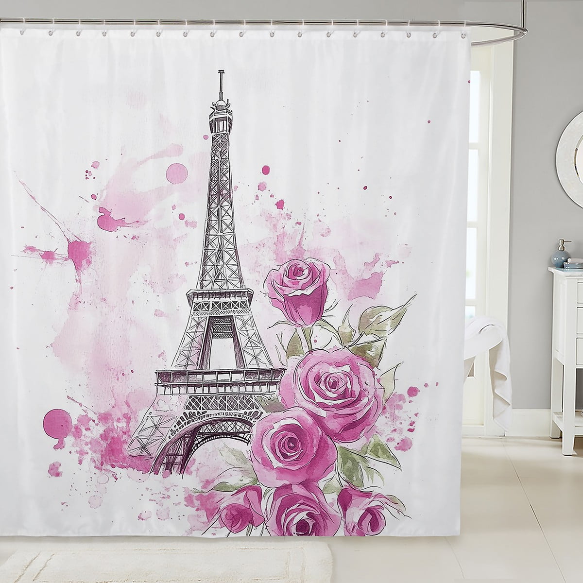 Eiffel Tower Bathroom Shower Curtain Sets Pink Rose Flowers 72" W X 78 ...