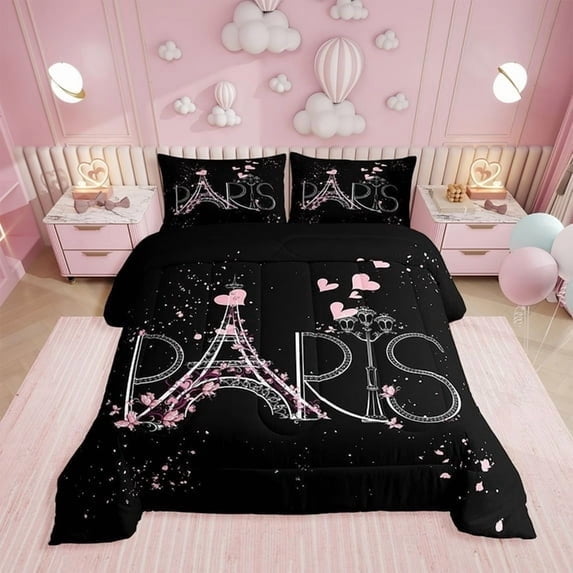 Eiffel Tower Bedding Set Chic Paris Comforter Set Romantic Theme Comforter for Boys Girls Children Teens Black Pink Bedroom Decor Modern French Style Duvet Set King Size with 1 Pillow Case