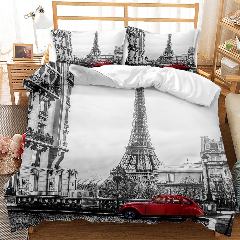 Eiffel Tower Bedding Set,Floral Comforter Cover for Boys Girls,Kids